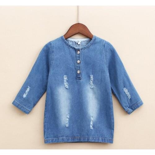 Fashion buttons girls denim dress blue soft jean fabric dresses for kids childrens clothing