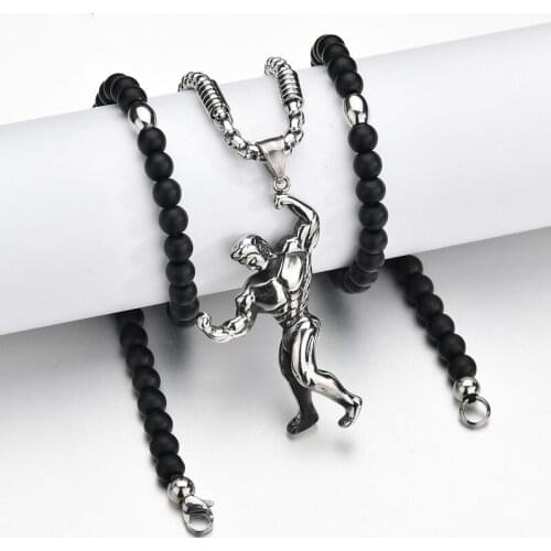 Stainless Steel Muscle Man Pendant Necklace Fitness Figure Bodybuilding Gym Weight Necklace Black Stone Beads Necklaces