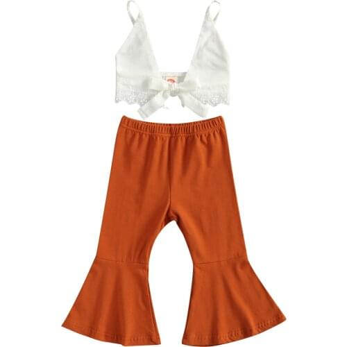OPPERIAYA Little Baby Girls Solid Color Set Spaghetti Straps Bandage Crop lace Tops and Flared Pants 2-piece Summer lovely Suits
