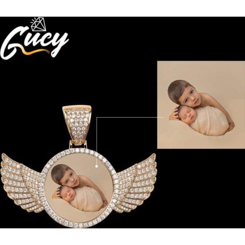 GUCY Custom Made Photo With Sngel Wings Necklace & Pendant 4mm Tennis Chain Gold Silver Color Cubic Zircon Mens Hip hop Jewelry