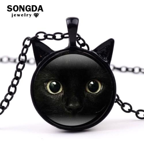 SONGDA Ins Cute Big Eyes Black Cat Necklace Cat Photo Glass Cabochon Pendant with Two Ears Long Chain Necklace Cat Lover Jewelry