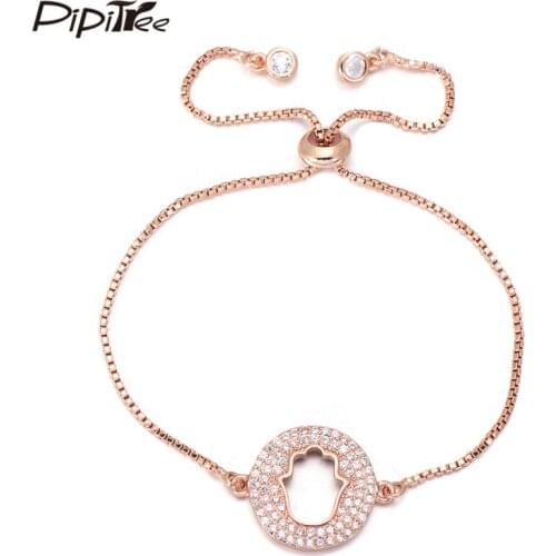 Pipitree Hollow Hand CZ Zircon Round Charm Bracelet White Gold Rose Gold Color Adjustable Chain Bracelets for Women Men Jewelry