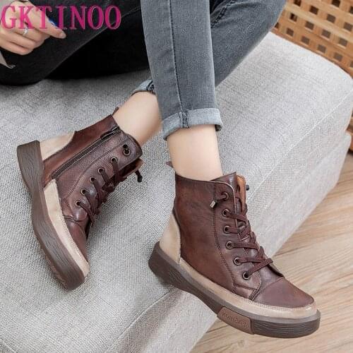 GKTINOO Women Genuine Leather Ankle Boots Flats Ladies Zip Plush Warm Winter Shoes Female Fashion Soft Sewing Retro Short Boots
