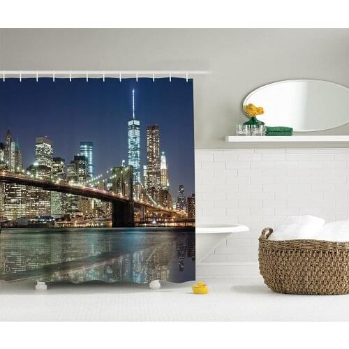 New york Shower Curtain Decorations NYC New York City Skyline Brooklyn Bridge Night View Panoramic Photography Bath Curtains