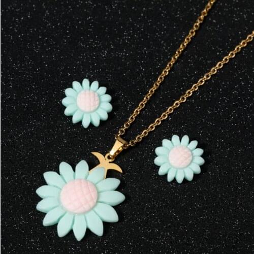 Shuangshuo Boho Daisy Sunflower Stainless Steel Gold Color Chain Necklace Stud Earrings for Women Girls Fashion Jewelry Set Gift