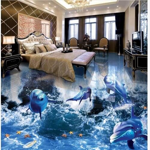 Modern Custom 3D Floor Mural Dolphin Sea World Bathroom Living Room 3D Floor Non-slip Waterproof Self-adhesive PVC Wallpaper