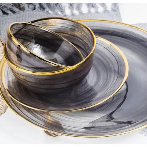 Phnom Penh Glass Plate Dish Set Creative Cloud Tableware Bowl Steak Plate Dish Western Table Mat Gold Plates and Bowls