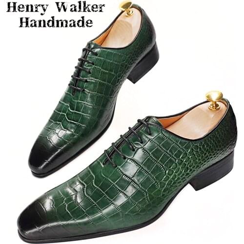 LUXURY MEN OXFORD SHOES GREEN BLACK CROCODILE PRINT LACE UP CASUAL MEN DRESS SHOES OFFICE WEDDING PARTY GENUINE LEATHER MAN SHOE
