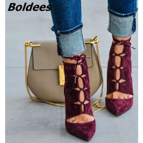Awesome Burgundy Suede Hollow-out Pumps Women Sexy Pointed Toe Lace Up Thin High Heels Stylish Rope Cross Strap Shoes HotSelling
