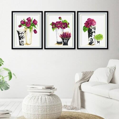 Cross stitch printed canvas Purple Vase Triptych New Years home decoration painting a gift for mother вышивка крестом наборы