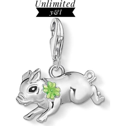 Green Clover Lucky Piglet Charms Pendants 925 Sterling Silver Jewelry Accessories for Good Luck Pig Bracelets Necklace Women Men