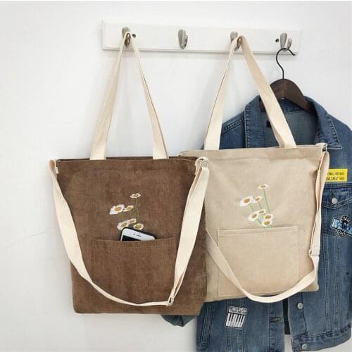 Large Size Women Corduroy Shoulder Bag Ladies Canvas Tote Foldable Shopping Bags Embroidery Female Handbag Crossbody Bags
