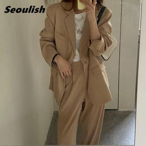 Seoulish Spring Summer 2021 New Womens Pant Suits Single-breasted Loose Blazer Jacket & Button Pants Female Office Ladies Sets