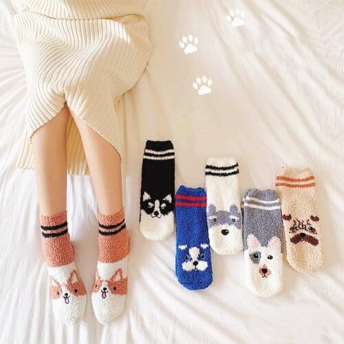 Dreamlikelin Womens Thick Furry Socks Couples Winter Warm Socks Kawaii French Bulldog Husky Dog Print House Sleeping Socks