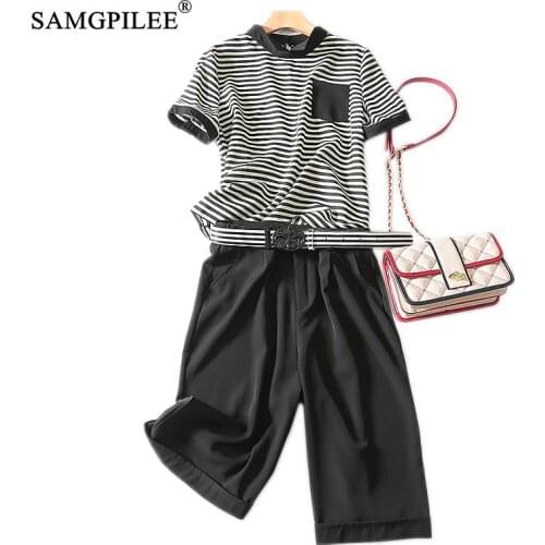 Two Piece Set Summer Clothes For Women 2020 Office Lady O-neck Button Free Belt Striped Calf-length Pants Two Piece Set Women
