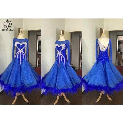 GOODANPAR Ballroom Dresses Dance Women Girls Ballroom Dress For Dancing Waltz Flamenco Tango Long Sleeve Ostrich Feather