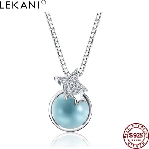 LEKANI Silver 925 Necklace For Women Exquisite Cubic Zirconia Four-pointed Star Light Blue Transparent Crystal Pendant Necklaces