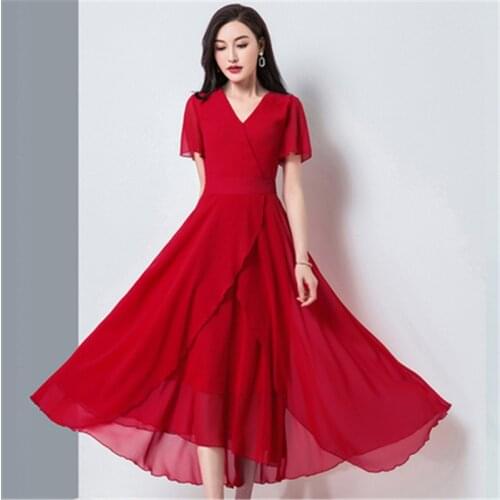 2020 Summer new bohemian fashion temperament v-neck chiffon solid color waist was thin irregular dress