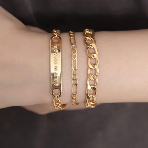Youvanic 3pcs/ Set Punk Layered Color Cuban Link Bracelet For Women Letter Tag Charm Bracelets Bangeles 0278