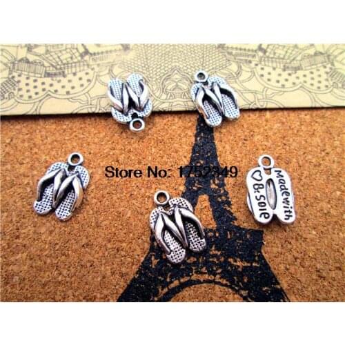 30PCS Slippers Charm 3D Antique silver tone Flip Flops Pendants,made of soie16x10mm