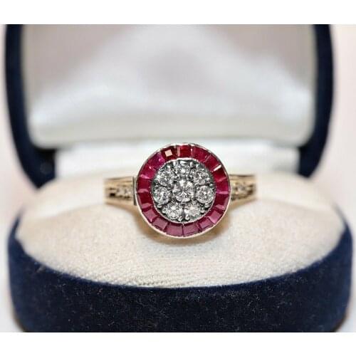 ANTIQUE ART DECO STYLE NEW MADE 14K GOLD NATURAL DIAMOND AND CALIBER RUBY RING