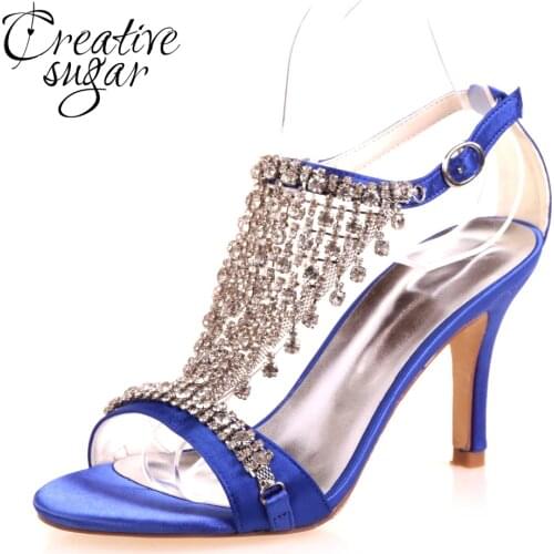 Creativesugar Sexy lady T shape strap high heel sandals rhinestone fringe summer satin dress shoes wedding party sparkle heels