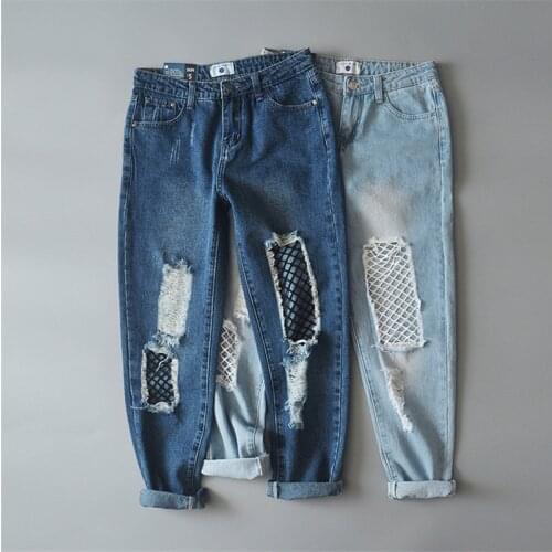 Casual hollow out Light blue denim jeans Slim summer Mesh Stitching hole ripped jeans female Cool boyfriend jeans pants
