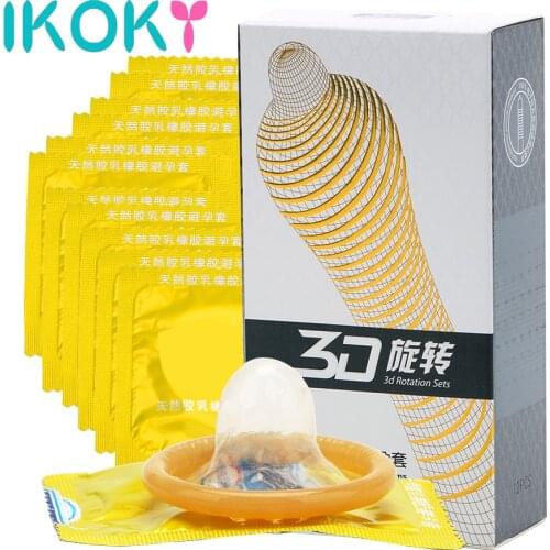 IKOKY 12 Pcs/Box Natural Latex Condom Fruit Flavour Latex Penis Sleeve 3D Rotating Threaded Ejaculation Delayed Sex Toys for Men