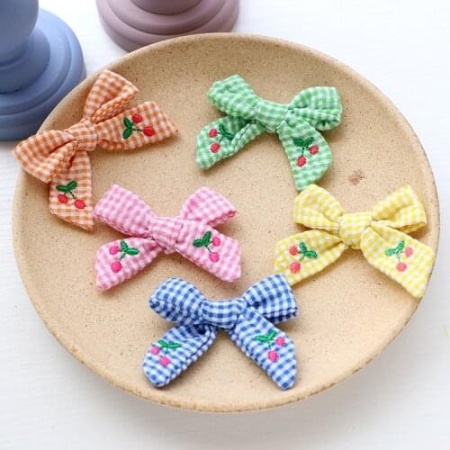 Plaid cherry embroidered cloth bow Tie Shaped Appliques Satin Ribbon Bow Appliques Craft DIY Wedding Decoration