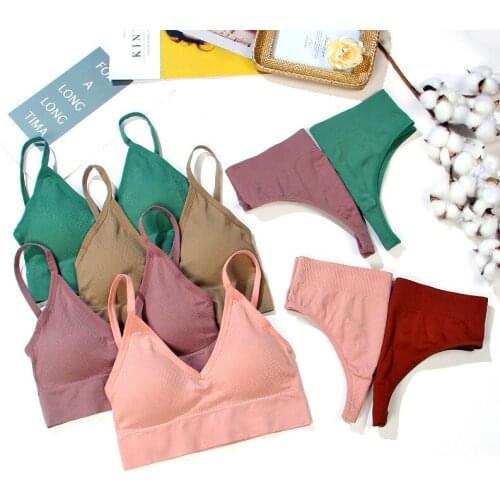 Womens Bra Panties Set Cotton Push Up Bra Underpants Set Seamless G-string Underwear Set Thong Female Lingerie Workout Crop Top