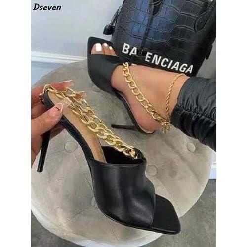 Summer New Womens Sandals European and American Style Metal Chain High-heeled Square Toe Fashion Ladies Sandals Plus Size Hot