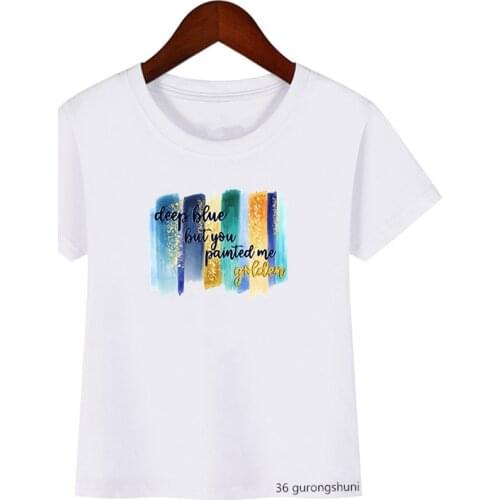 Fashion girls t-shirts dark blue gold painting and tulip flower graphic print girls clothes Harajuku teen clothing tshirt tops