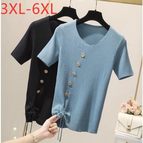 New 2021 Ladies Summer Plus Size Knit Tops For Women Large Blouse Short Sleeve Slim Button Blue Elastic Shirt 3XL 4XL 5XL 6XL