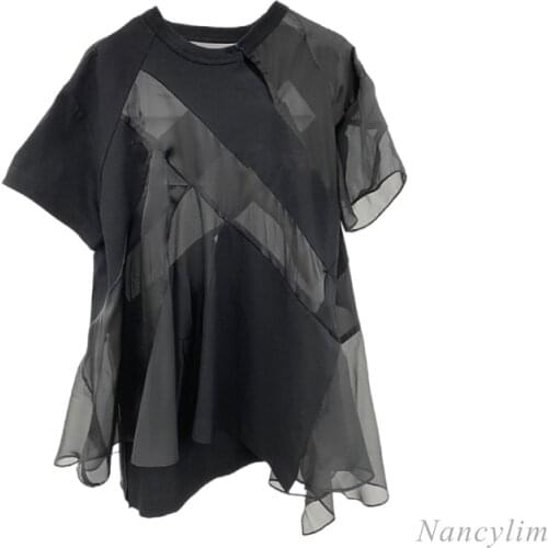 New Womens Clothing Fashion Irregular Stitching Contrast Color Short Sleeve T Shirt Top for Women 2021 Spring Summer Nancylim