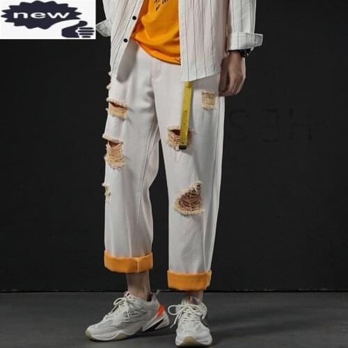 New Fashion Mens Straight Wide Leg Hole Ripped White Jeans Man BF Casual Hip Hop Loose Fit Denim Ankle Length Harem Pants