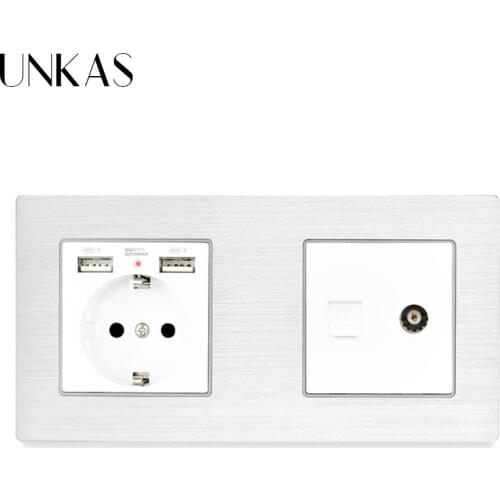 UNKAS Aluminum Metal Panel EU Standard Socket with USB + 1 Gang Female TV Connector With CAT5E RJ45 Internet Computer Data Jack
