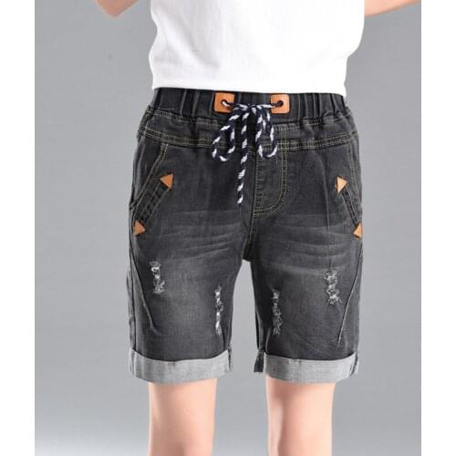 Plus Size Jeans Stretch Shorts Women Summer Elastic High Waist Straight Denim Shorts Lady Lace Up Hole Denim Breeches Capris