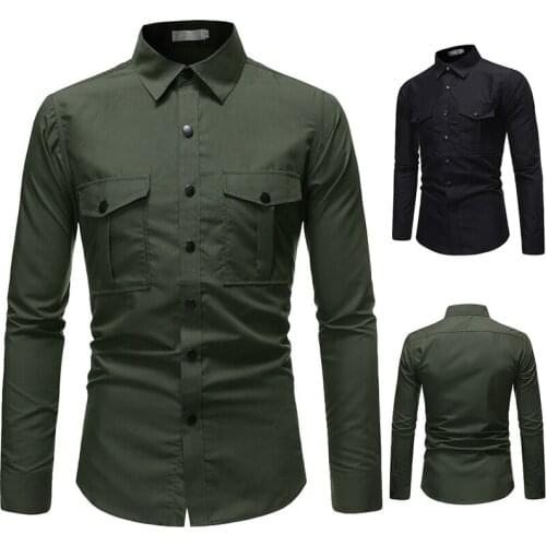 2021 military artificial wear long-sleeved shirt button decorative pocket casual mens spring and autumn new fashion shirt