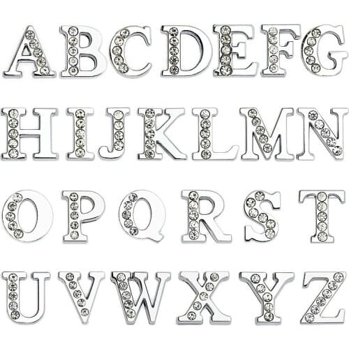 10 piece Internal Dia 8mm slide Charm silver color half rhinestone English letters DIY Accessories fit 8mm wide belt pet collar