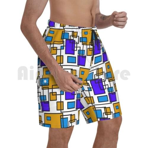 Blue And Yellow Geometric Seamless Pattern On White Background Beach Shorts Men Beach Pants Swim Trunks Abstract