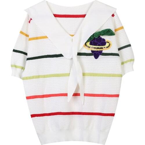 Sweet Casual Navy Collar Short Sleeve Knit T Shirt Oversize Contrast Striped Grape Sequins Loose 2021 Summer Women Top Clothes