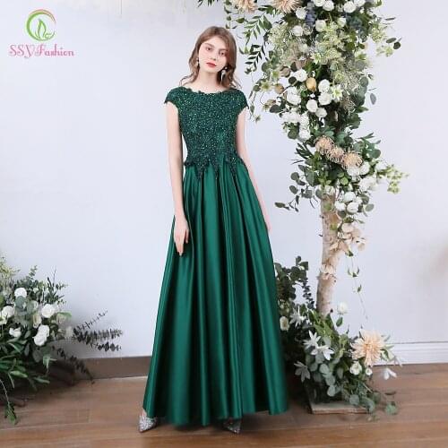 SSYFashion New Luxury Evening Dress Banquet Elegant Green Satin Lace Sequins Long Formal Party Gowns Special Occasion Dresses