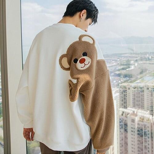 Winter Couple Outfits Cartoon Teddy Bear Sleeve Sweatshirt Fleece Loose Oversized Hoodies Korean Men Women Cute Pullover Sweat