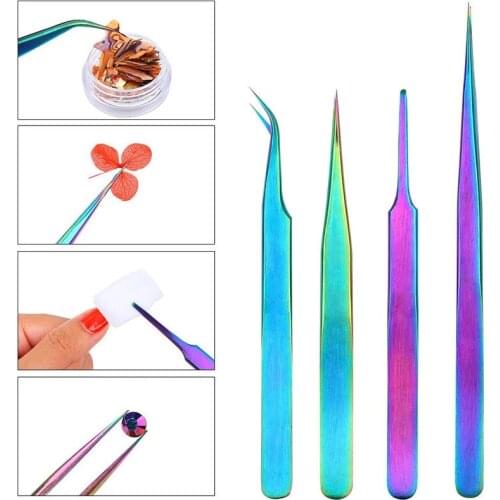 1pc Curved Straight Tweezers Dead Skin Remover Eyelash Extension Makeup Manicure Rainbow Nail Decoration Picker Nail Tools