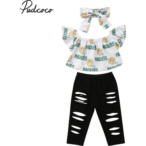 2018 Brand New Summer Toddler Baby Girls 3PCS Sets Off Shoulder Short Sleeve T-Shirts Tops+Ripped Hole Black Pants+Headband