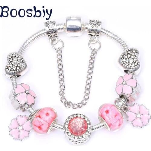 High Quality Charm Bracelets With Pink Crystal Flower Beads & Pendants DIY Fine Bracelet for Women Girl Jewelry Gift