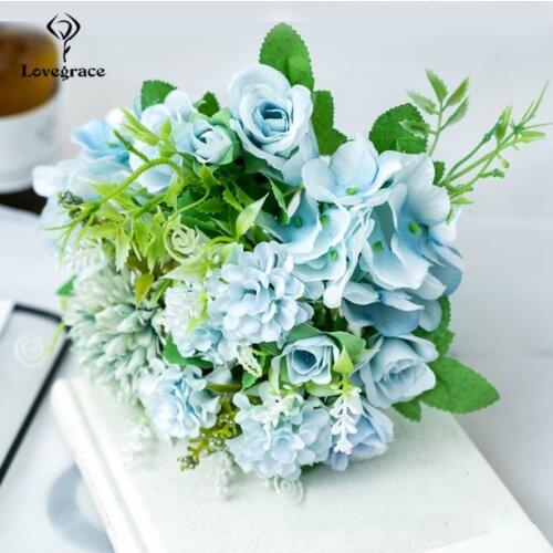 Lovegrace Fake Flower Bouquet 7 Heads Hydrangea Flowers Artificial Bouquet Silk Blooming Rose Peony Pompon Bride Wedding Decor