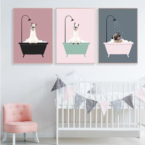 Nursery Wall Art Canvas Minimalist Bath Animal Pink Cartoon Painting Decoration Picture Nordic Baby Girl Room Decor