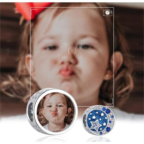 ELESHE Personalized Custom Photo Charm with CZ 925 Sterling Silver Moon Star Beads fit Original Bracelets Necklaces DIY Jewelry