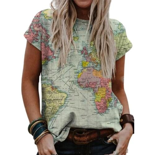 3D Digital Printing T Shirt Women Short Sleeve Top Summer O-Neck World Map Print T-shirts Casual Large Size S-3XL Mujer Camiseta